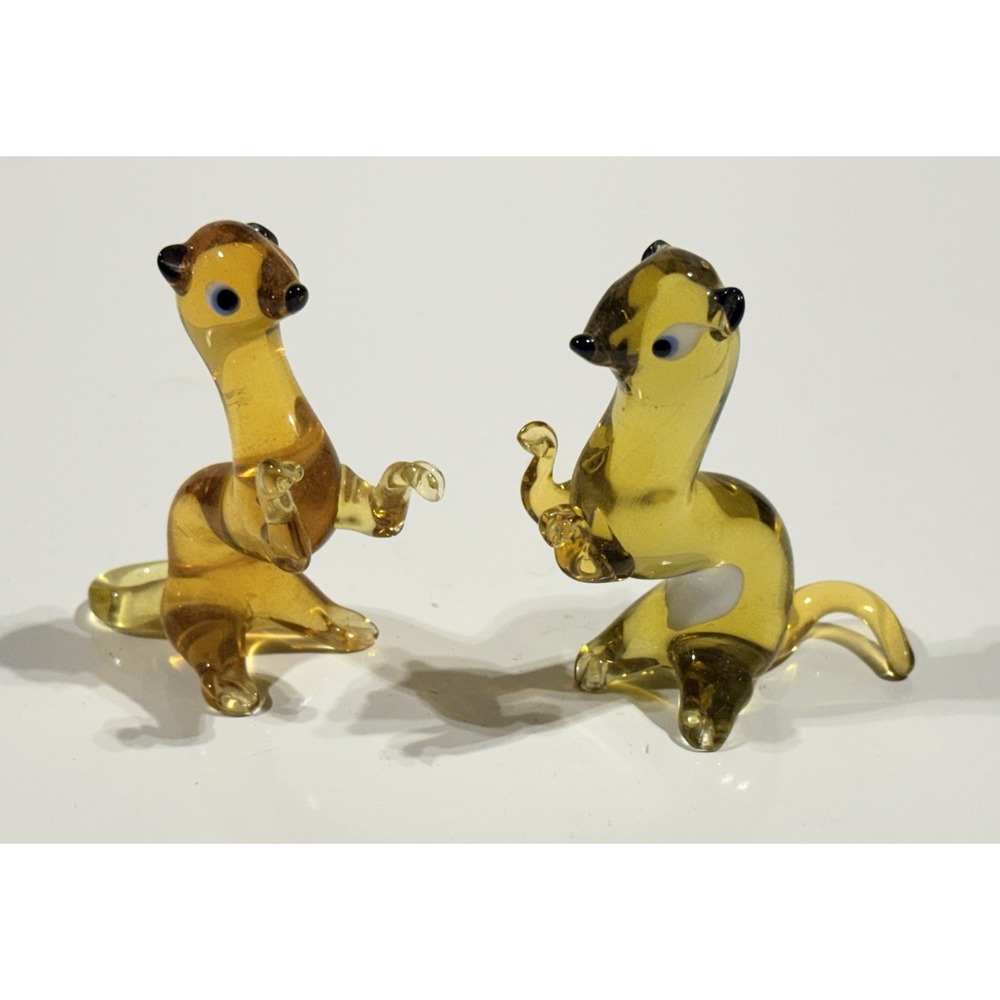 2‎ VTG Murano Style Hand Blown Glass Weasel Otter Ferret Figurines Amber 3" MCM